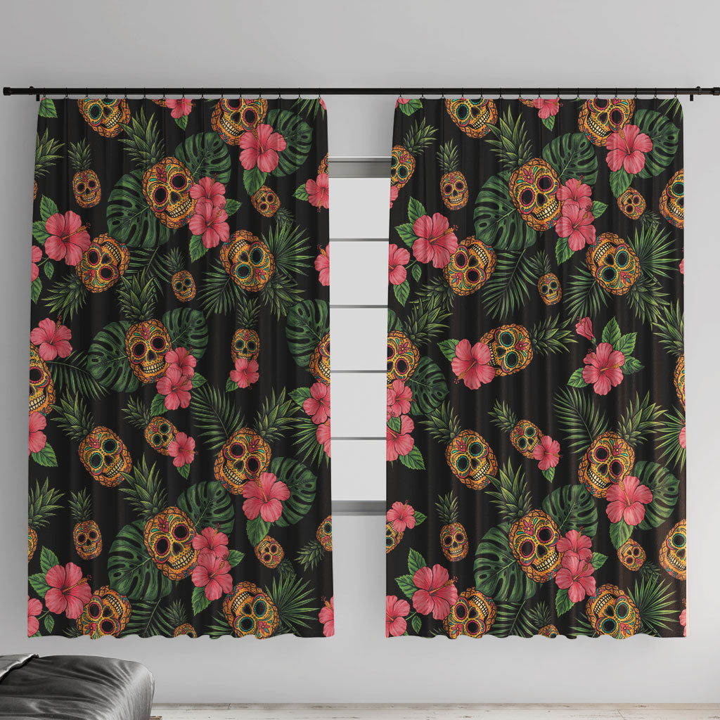Tropical Calavera Hawaiian Window Curtain Sugar Skull Pineapple Hibiscus Floral DT05 With Hooks Black - Polynesian Pride
