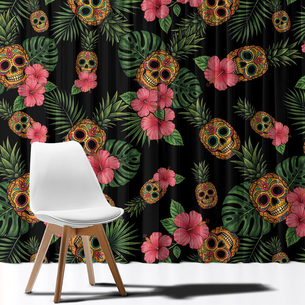 Tropical Calavera Hawaiian Window Curtain Sugar Skull Pineapple Hibiscus Floral DT05 - Polynesian Pride