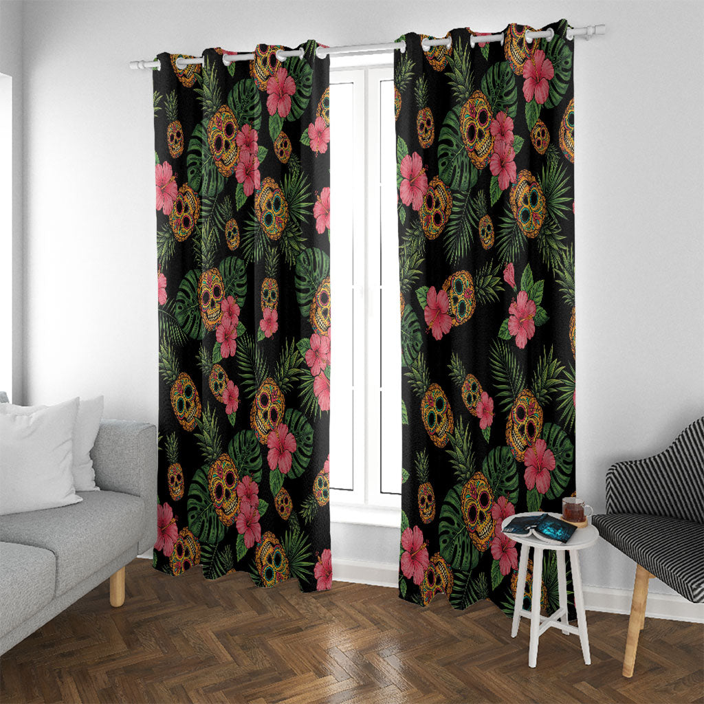 Tropical Calavera Hawaiian Window Curtain Sugar Skull Pineapple Hibiscus Floral DT05 With Grommets Black - Polynesian Pride