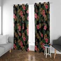 Tropical Calavera Hawaiian Window Curtain Sugar Skull Pineapple Hibiscus Floral DT05 With Grommets Black - Polynesian Pride