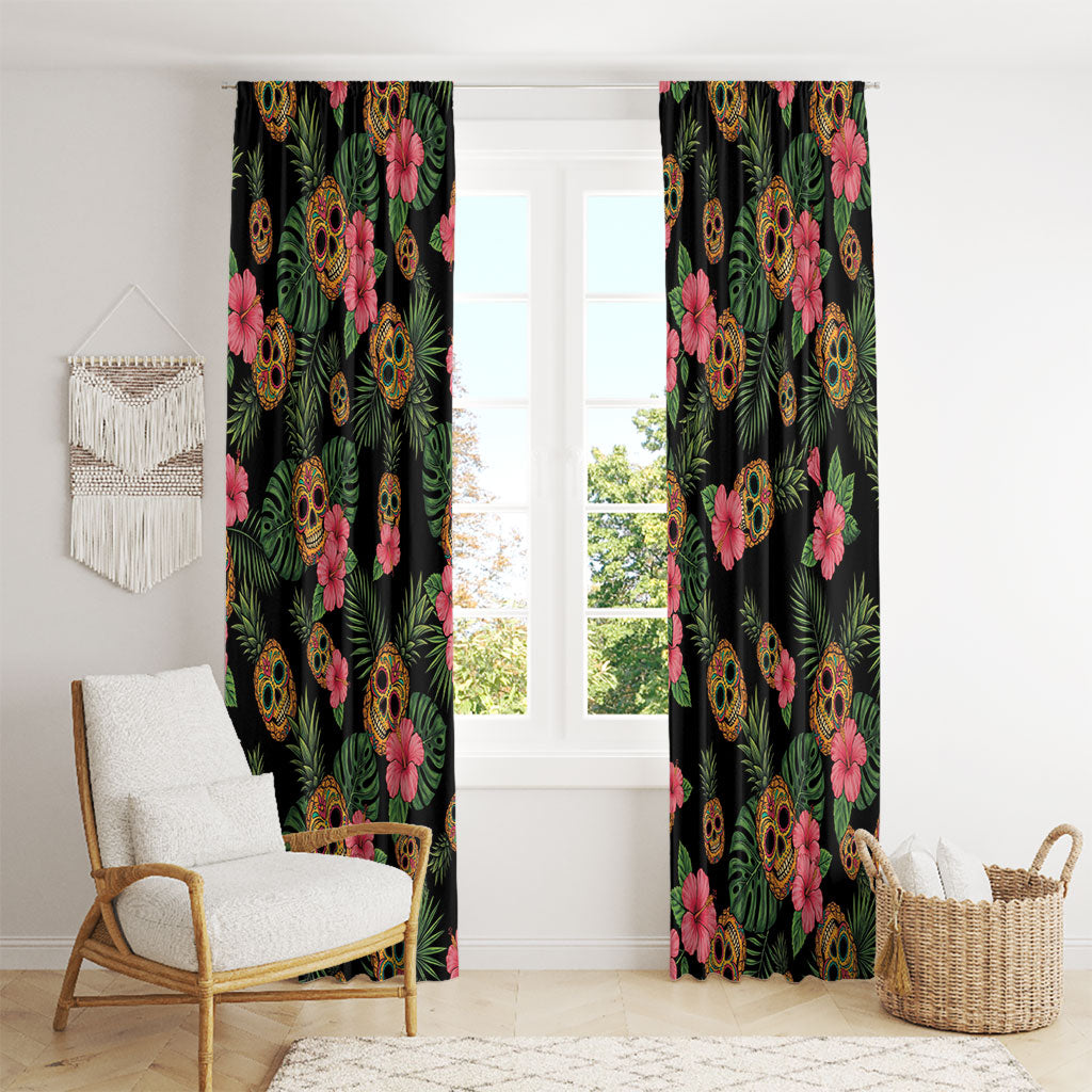 Tropical Calavera Hawaiian Window Curtain Sugar Skull Pineapple Hibiscus Floral DT05 - Polynesian Pride