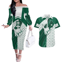 Custom Hawaii Volleyball Couples Matching Off The Shoulder Long Sleeve Dress and Hawaiian Shirt Shaka Aloha Hand DT05 Green - Polynesian Pride