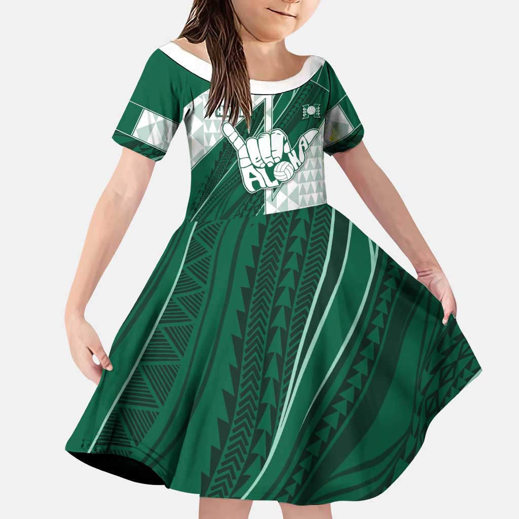 Custom Hawaii Volleyball Family Matching Off The Shoulder Long Sleeve Dress and Hawaiian Shirt Shaka Aloha Hand DT05 Daughter's Dress Green - Polynesian Pride