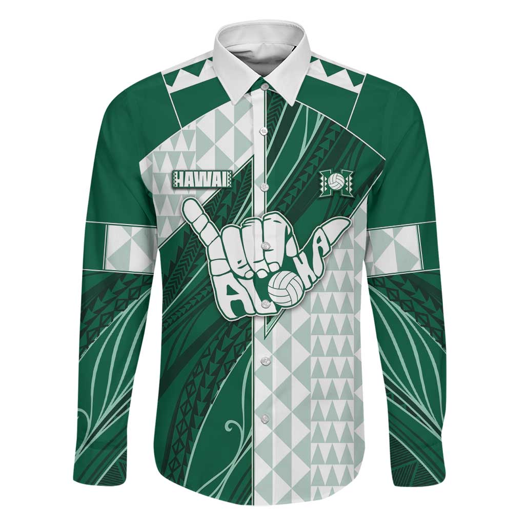 Custom Hawaii Volleyball Family Matching Off The Shoulder Long Sleeve Dress and Hawaiian Shirt Shaka Aloha Hand DT05 Dad's Shirt - Long Sleeve Green - Polynesian Pride