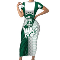 Custom Hawaii Volleyball Family Matching Short Sleeve Bodycon Dress and Hawaiian Shirt Shaka Aloha Hand DT05 Mom's Dress Green - Polynesian Pride