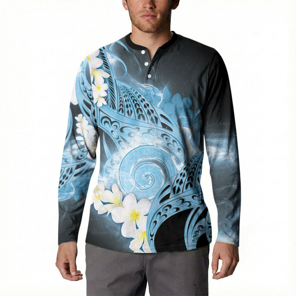 Piko Hawaiian Button Sweatshirt Blue Galaxy Spiral Plumeria Tribal Patterns