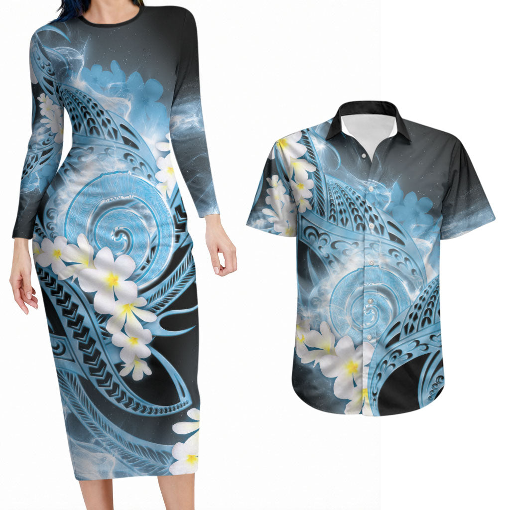 Piko Hawaiian Couples Matching Long Sleeve Bodycon Dress and Hawaiian Shirt Blue Galaxy Spiral Plumeria Tribal Patterns