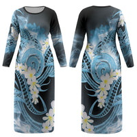 Piko Hawaiian Couples Matching Long Sleeve Bodycon Dress and Long Sleeve Button Shirt Blue Galaxy Spiral Plumeria Tribal Patterns