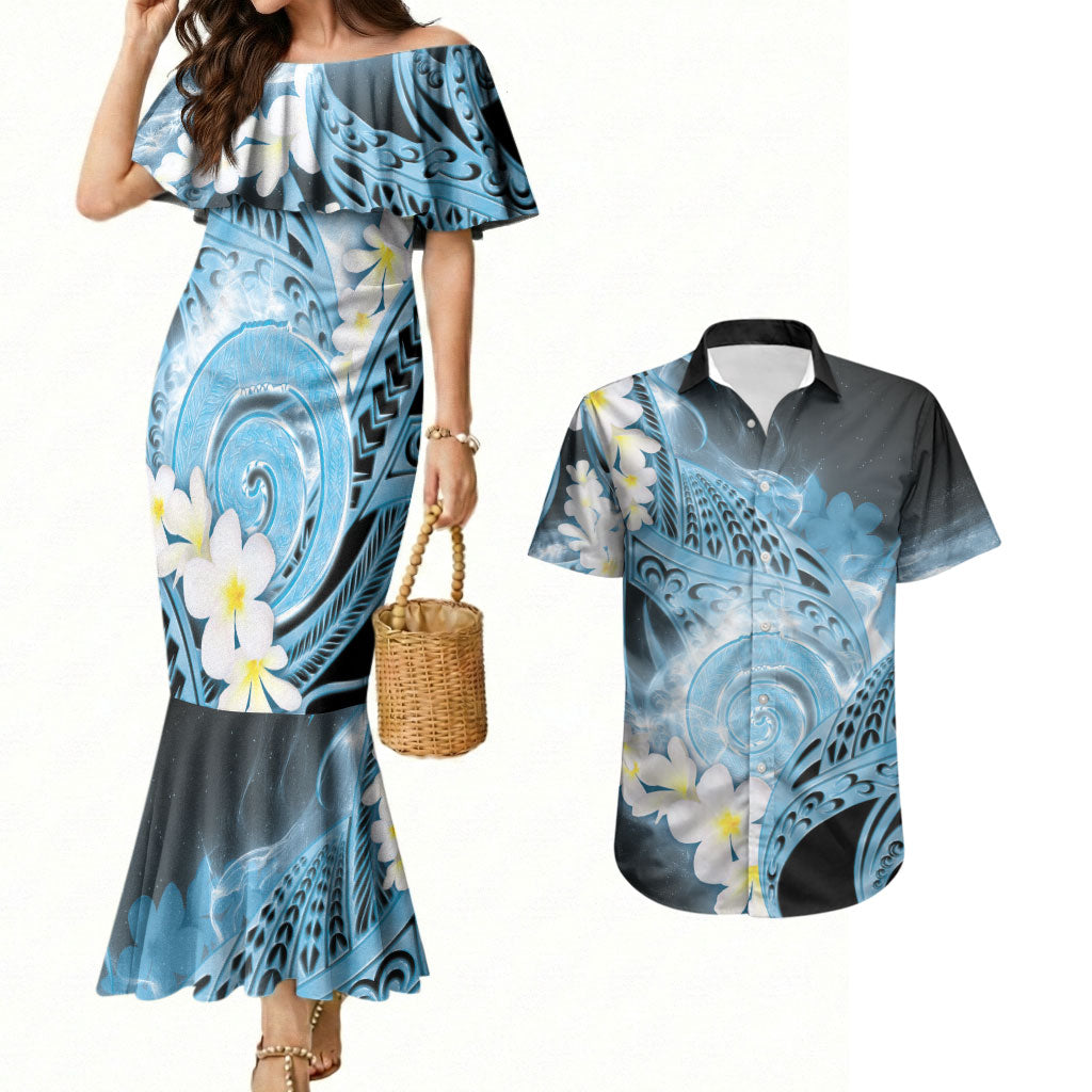 Piko Hawaiian Couples Matching Mermaid Dress and Hawaiian Shirt Blue Galaxy Spiral Plumeria Tribal Patterns DT05 Blue - Polynesian Pride