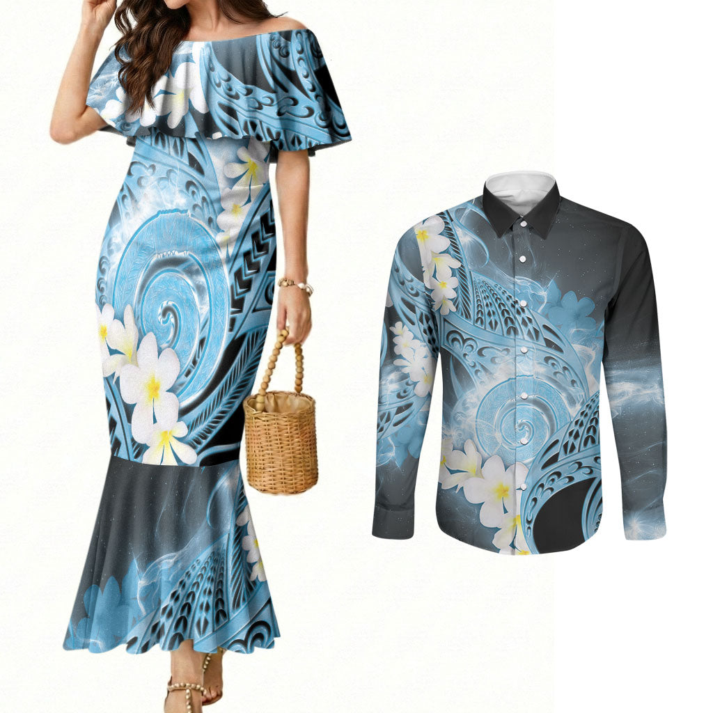 Piko Hawaiian Couples Matching Mermaid Dress and Long Sleeve Button Shirt Blue Galaxy Spiral Plumeria Tribal Patterns