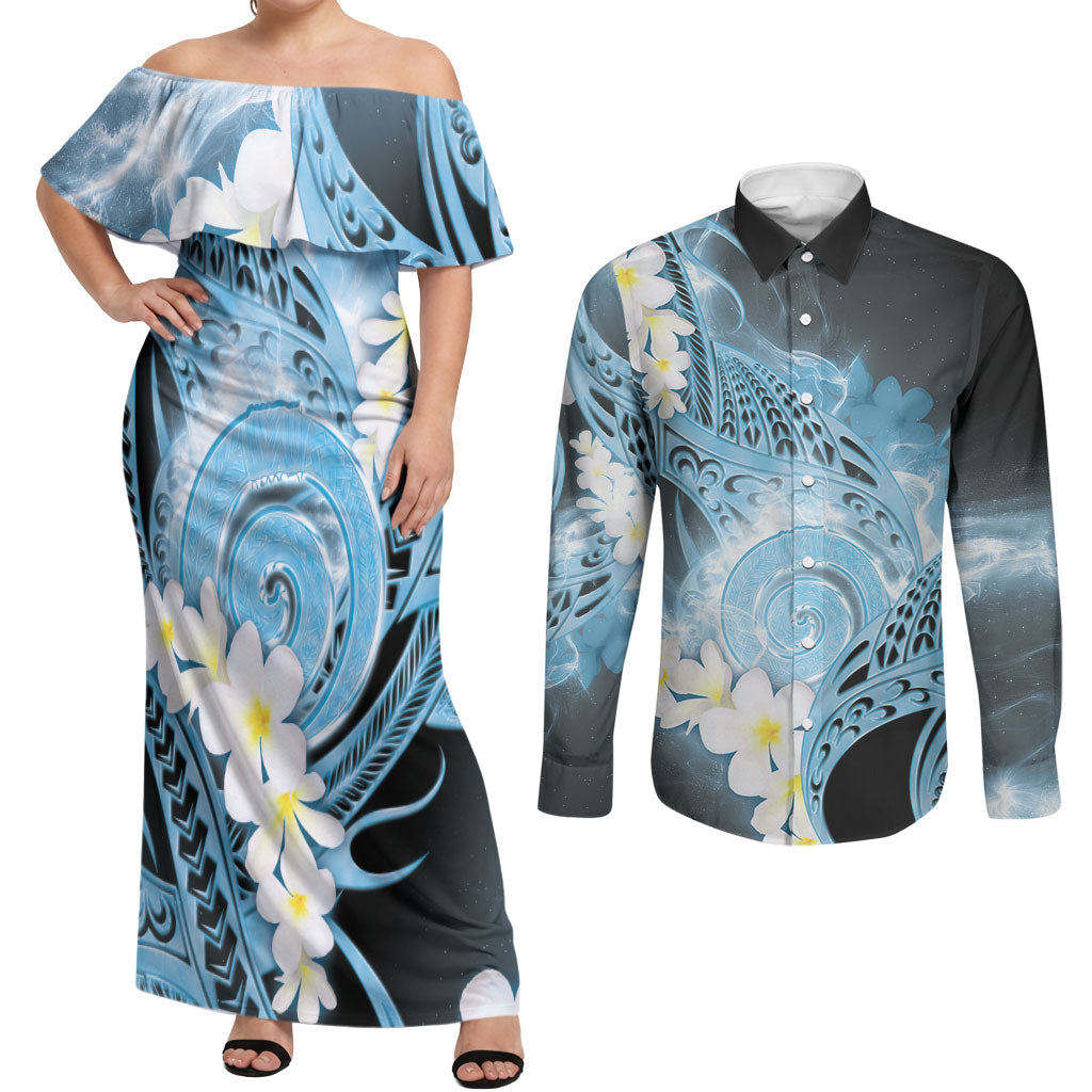 Piko Hawaiian Couples Matching Off Shoulder Maxi Dress and Long Sleeve Button Shirt Blue Galaxy Spiral Plumeria Tribal Patterns