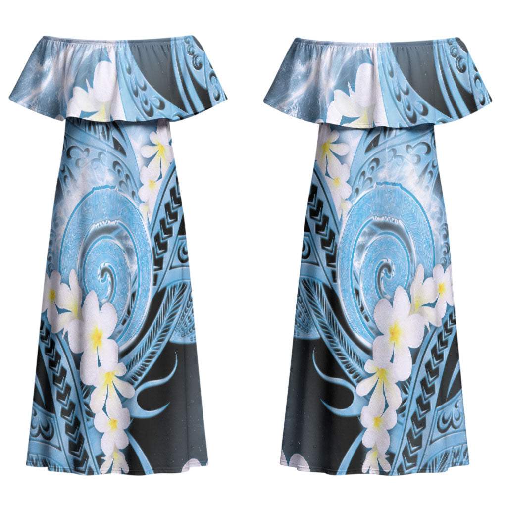Piko Hawaiian Couples Matching Off Shoulder Maxi Dress and Long Sleeve Button Shirt Blue Galaxy Spiral Plumeria Tribal Patterns