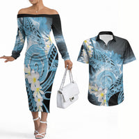 Piko Hawaiian Couples Matching Off The Shoulder Long Sleeve Dress and Hawaiian Shirt Blue Galaxy Spiral Plumeria Tribal Patterns