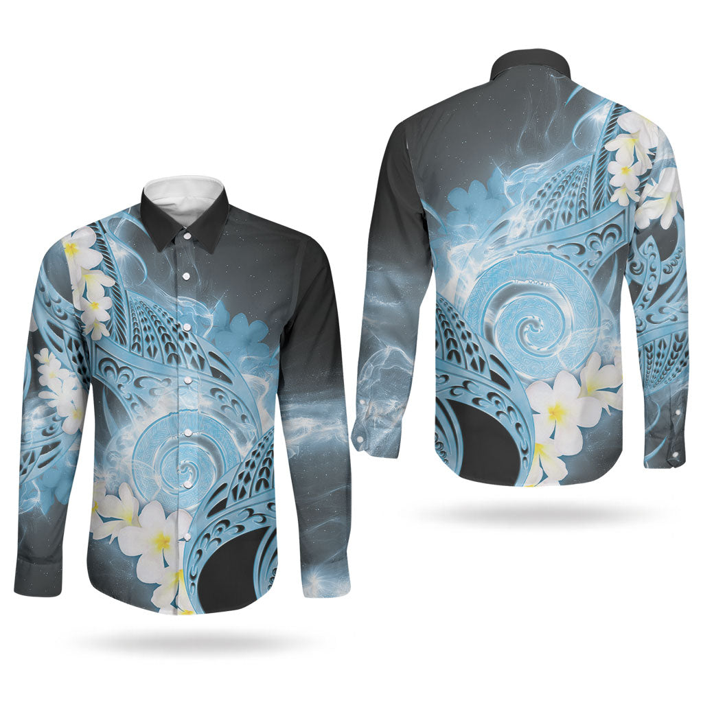 Piko Hawaiian Couples Matching Puletasi and Long Sleeve Button Shirt Blue Galaxy Spiral Plumeria Tribal Patterns
