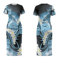 Piko Hawaiian Couples Matching Short Sleeve Bodycon Dress and Long Sleeve Button Shirt Blue Galaxy Spiral Plumeria Tribal Patterns