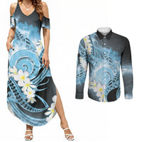 Piko Hawaiian Couples Matching Summer Maxi Dress and Long Sleeve Button Shirt Blue Galaxy Spiral Plumeria Tribal Patterns