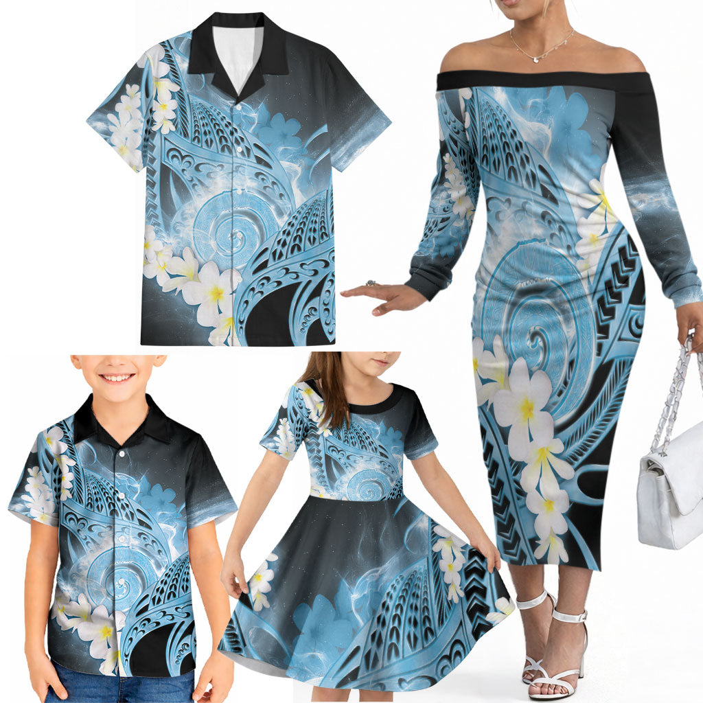 Piko Hawaiian Family Matching Off The Shoulder Long Sleeve Dress and Hawaiian Shirt Blue Galaxy Spiral Plumeria Tribal Patterns