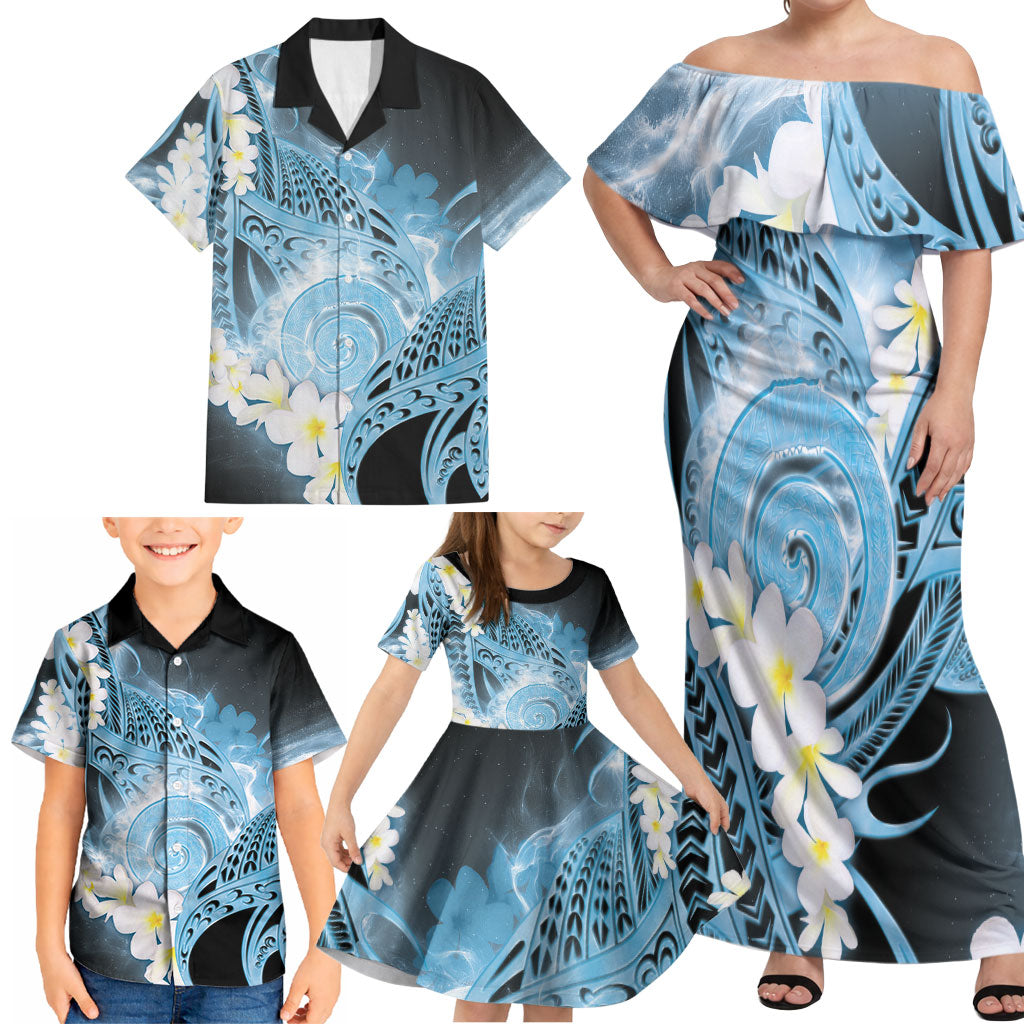 Piko Hawaiian Family Matching Off Shoulder Maxi Dress and Hawaiian Shirt Blue Galaxy Spiral Plumeria Tribal Patterns