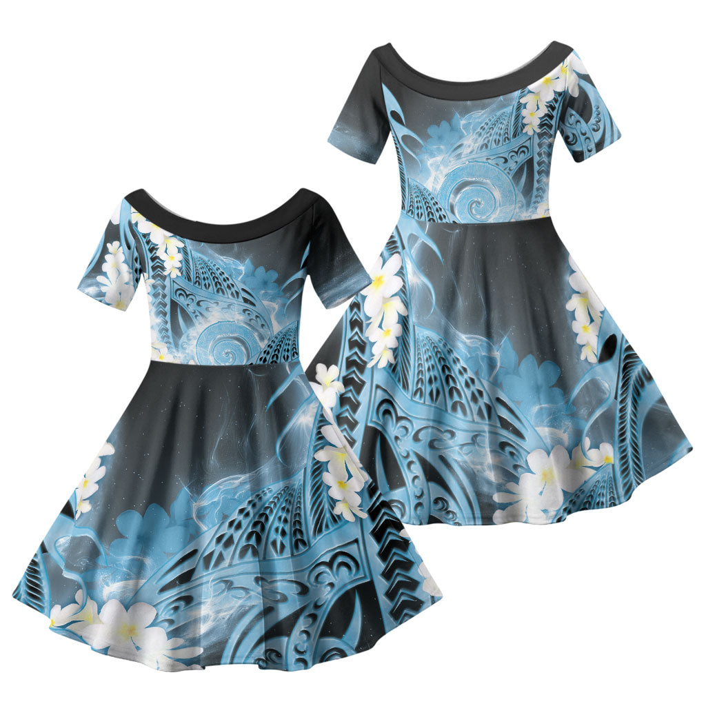 Piko Hawaiian Family Matching Off Shoulder Maxi Dress and Hawaiian Shirt Blue Galaxy Spiral Plumeria Tribal Patterns