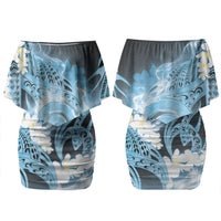 Piko Hawaiian Family Matching Off Shoulder Short Dress and Hawaiian Shirt Blue Galaxy Spiral Plumeria Tribal Patterns