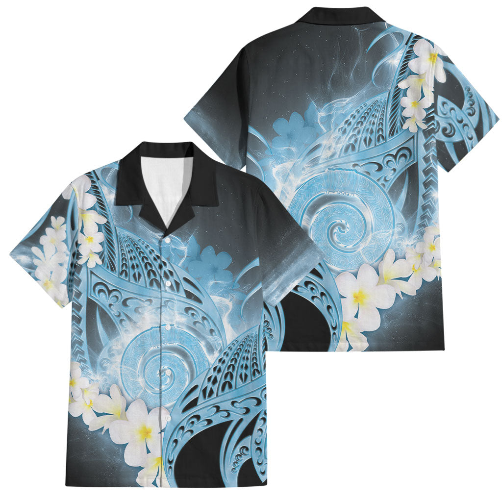 Piko Hawaiian Family Matching Off Shoulder Short Dress and Hawaiian Shirt Blue Galaxy Spiral Plumeria Tribal Patterns