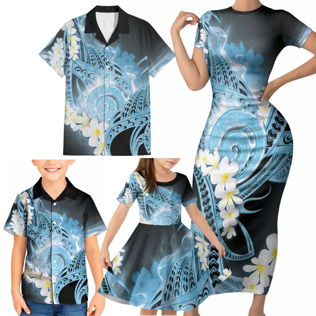 Piko Hawaiian Family Matching Short Sleeve Bodycon Dress and Hawaiian Shirt Blue Galaxy Spiral Plumeria Tribal Patterns