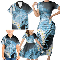 Piko Hawaiian Family Matching Short Sleeve Bodycon Dress and Hawaiian Shirt Blue Galaxy Spiral Plumeria Tribal Patterns
