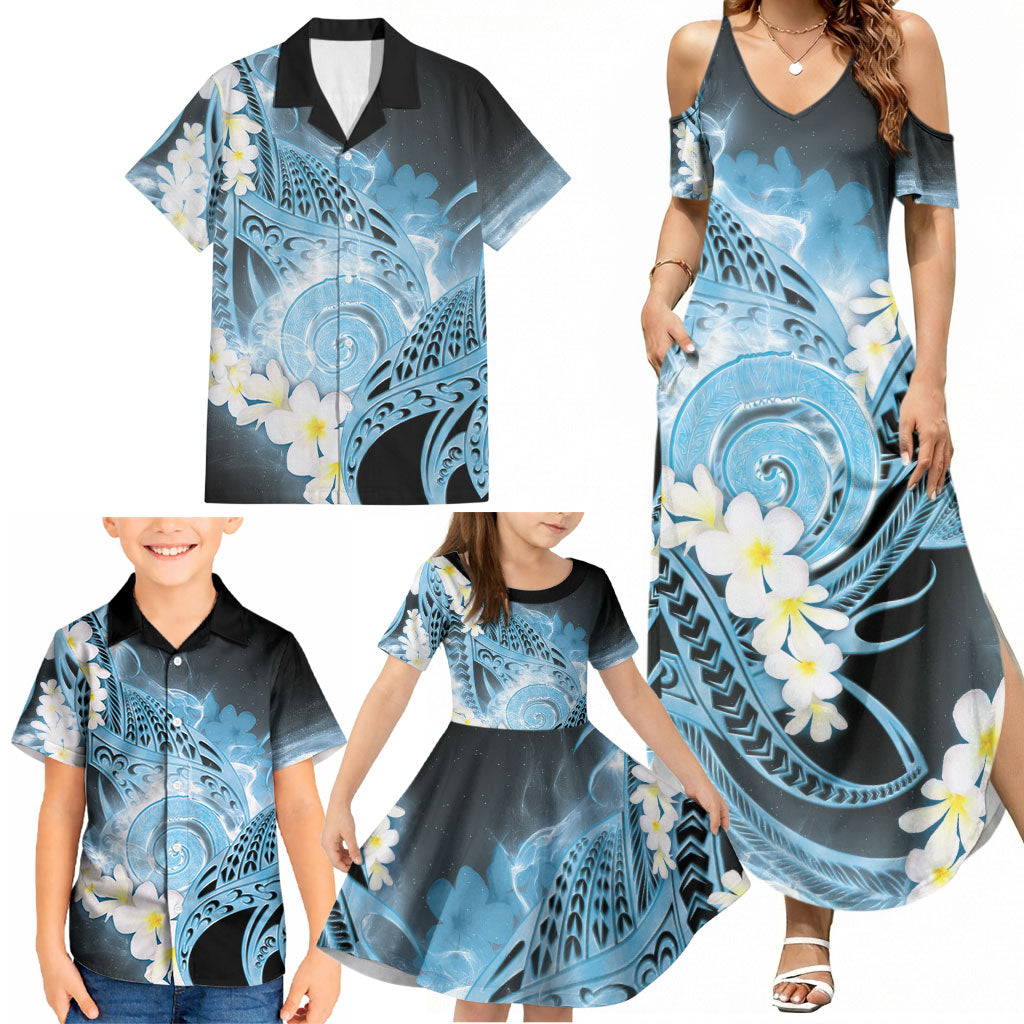 Piko Hawaiian Family Matching Summer Maxi Dress and Hawaiian Shirt Blue Galaxy Spiral Plumeria Tribal Patterns
