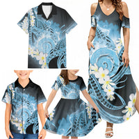 Piko Hawaiian Family Matching Summer Maxi Dress and Hawaiian Shirt Blue Galaxy Spiral Plumeria Tribal Patterns