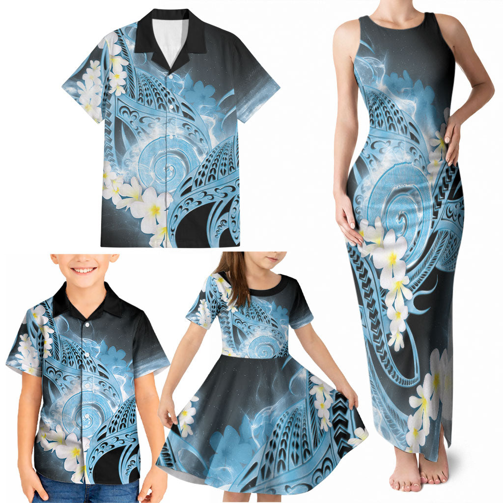 Piko Hawaiian Family Matching Tank Maxi Dress and Hawaiian Shirt Blue Galaxy Spiral Plumeria Tribal Patterns