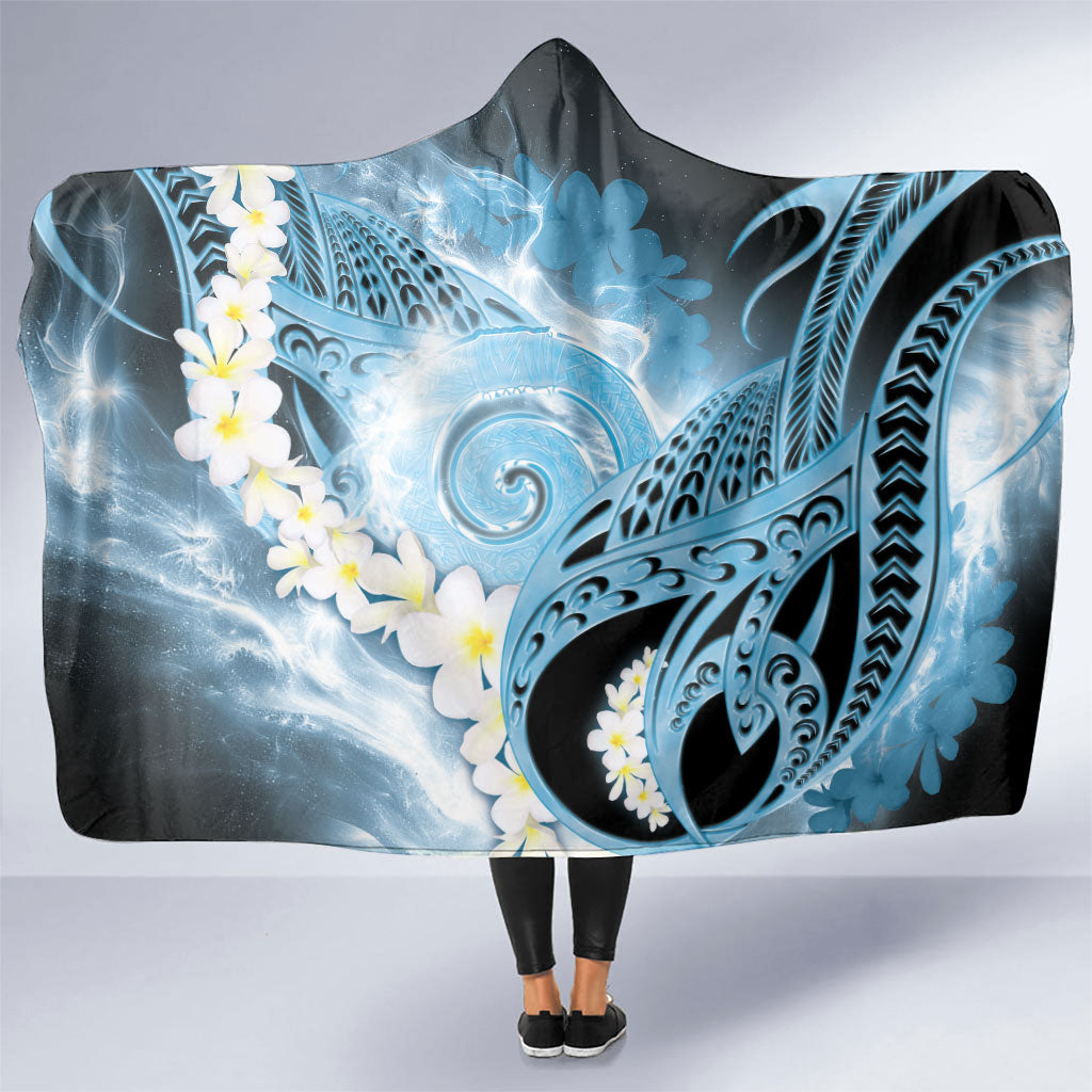 Piko Hawaiian Hooded Blanket Blue Galaxy Spiral Plumeria Tribal Patterns