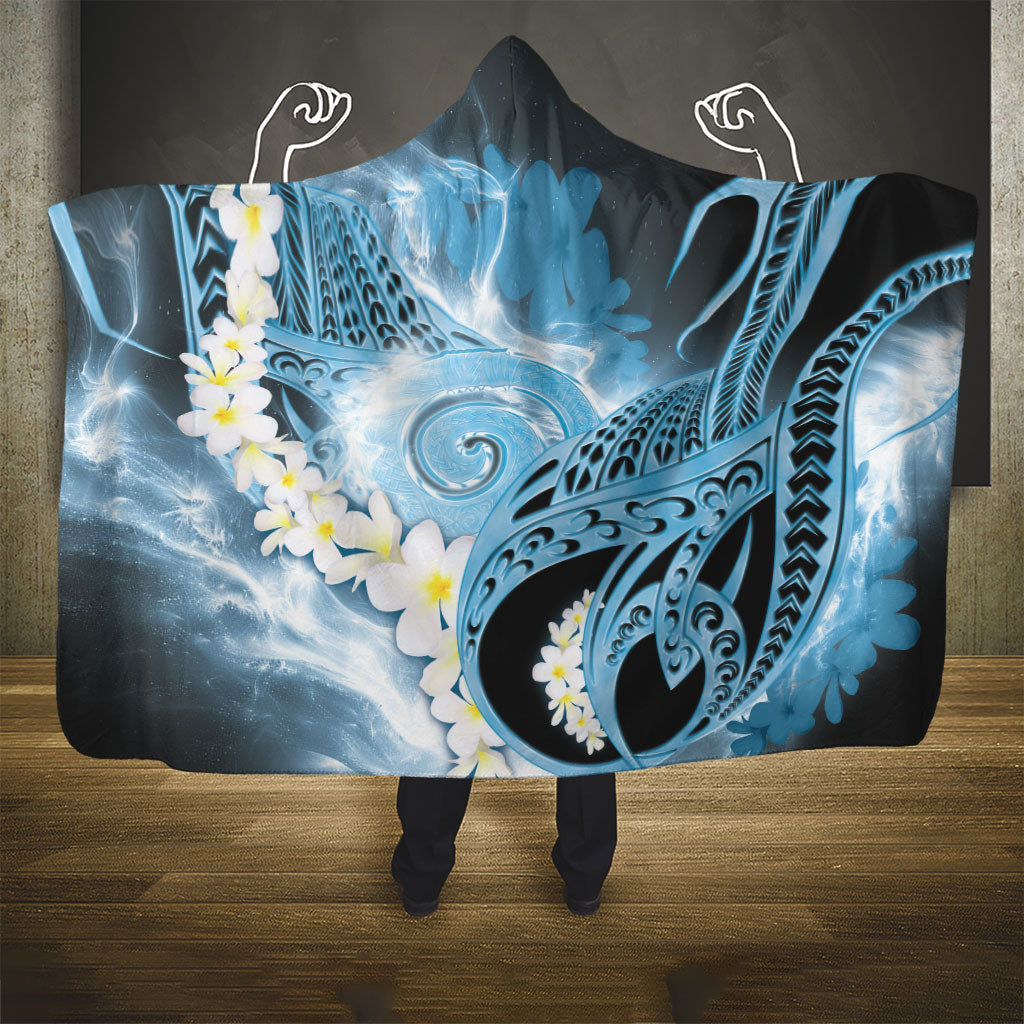 Piko Hawaiian Hooded Blanket Blue Galaxy Spiral Plumeria Tribal Patterns