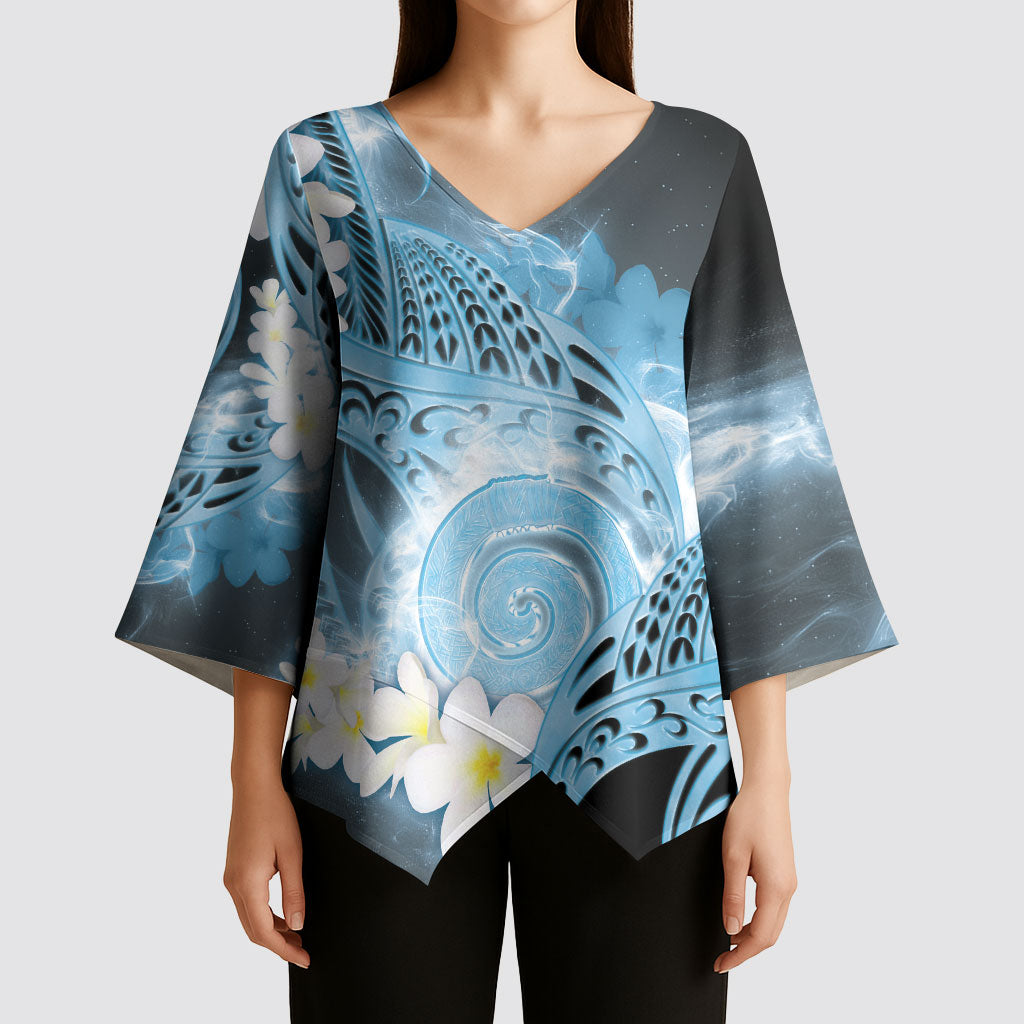 Piko Hawaiian Kimono Sleeve Blouse Blue Galaxy Spiral Plumeria Tribal Patterns