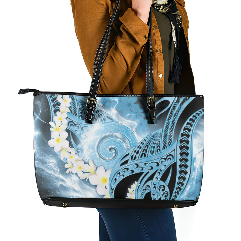 Piko Hawaiian Leather Tote Bag Blue Galaxy Spiral Plumeria Tribal Patterns