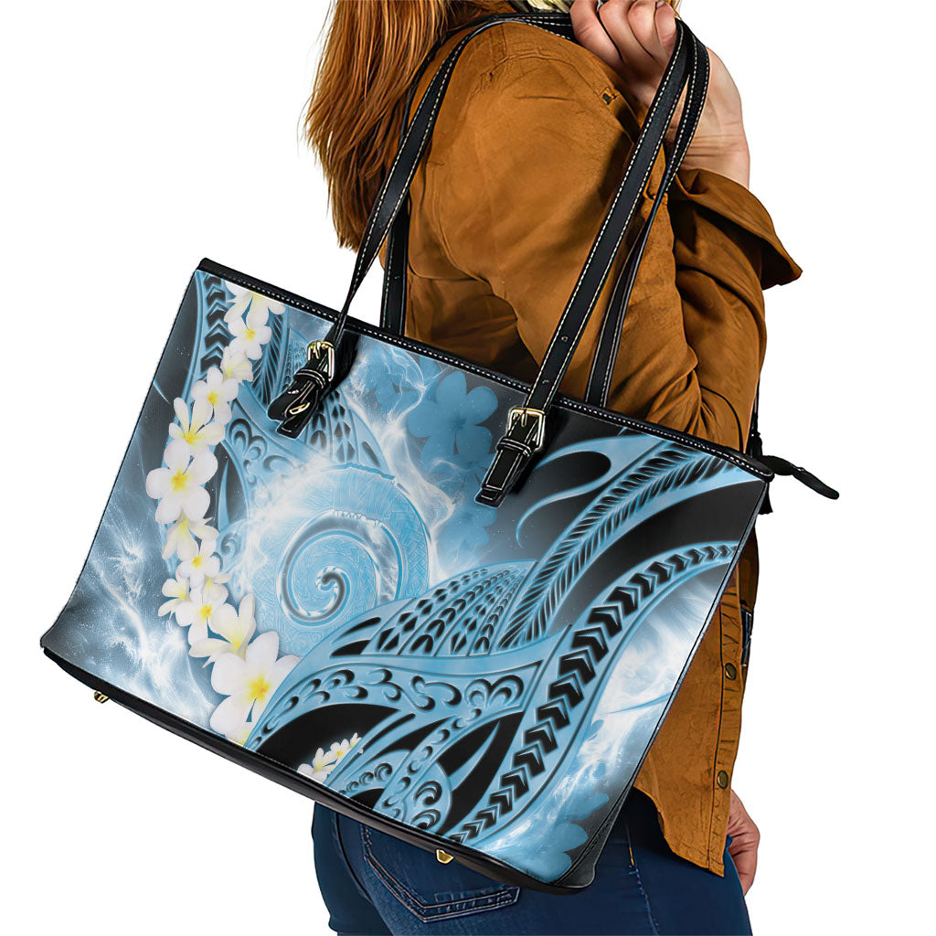 Piko Hawaiian Leather Tote Bag Blue Galaxy Spiral Plumeria Tribal Patterns