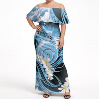 Piko Hawaiian Off Shoulder Maxi Dress Blue Galaxy Spiral Plumeria Tribal Patterns
