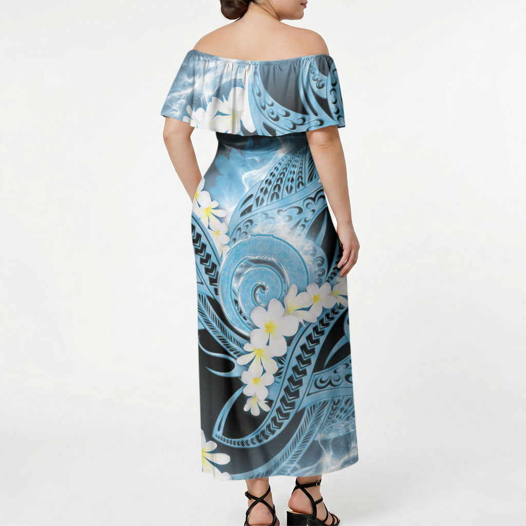 Piko Hawaiian Off Shoulder Maxi Dress Blue Galaxy Spiral Plumeria Tribal Patterns