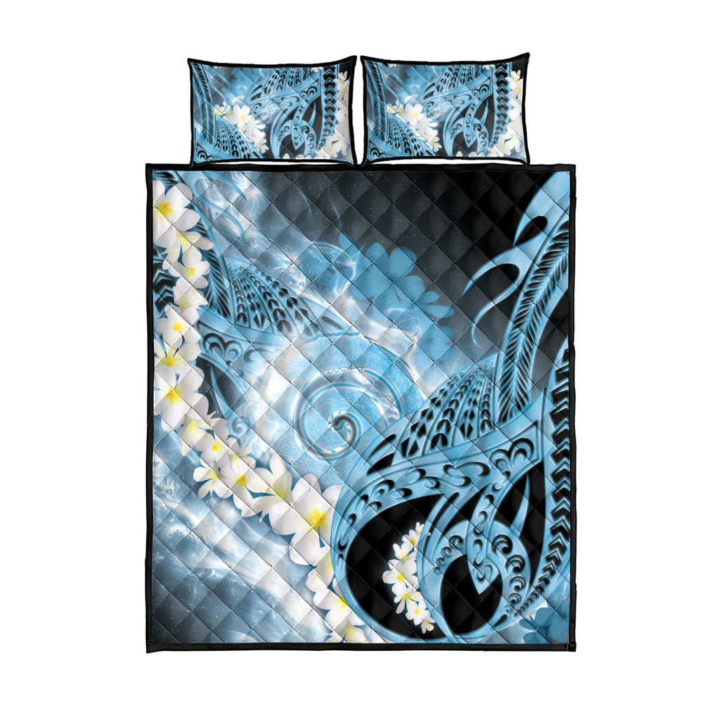 Piko Hawaiian Quilt Bed Set Blue Galaxy Spiral Plumeria Tribal Patterns