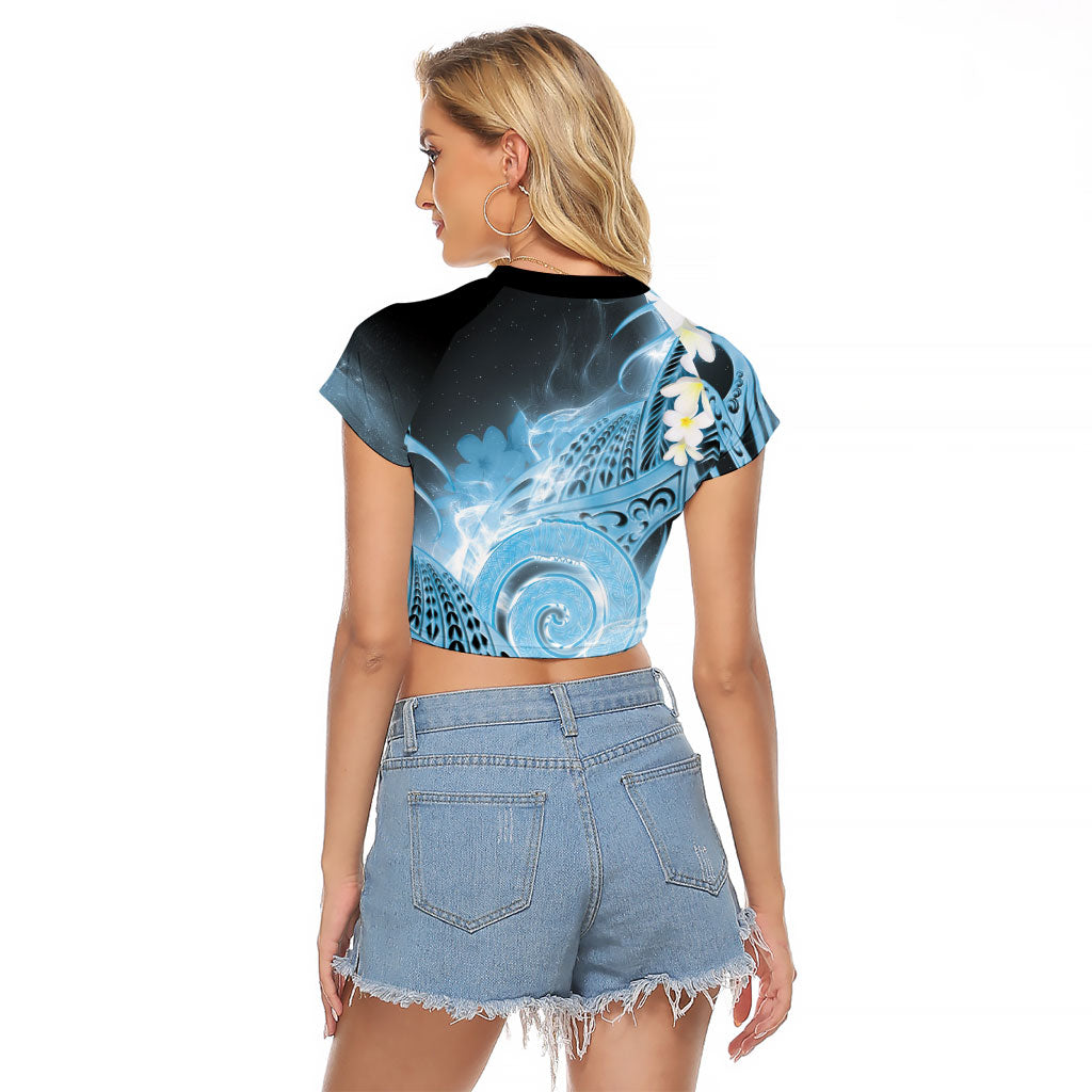 Piko Hawaiian Raglan Cropped T Shirt Blue Galaxy Spiral Plumeria Tribal Patterns