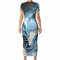 Piko Hawaiian Short Sleeve Bodycon Dress Blue Galaxy Spiral Plumeria Tribal Patterns