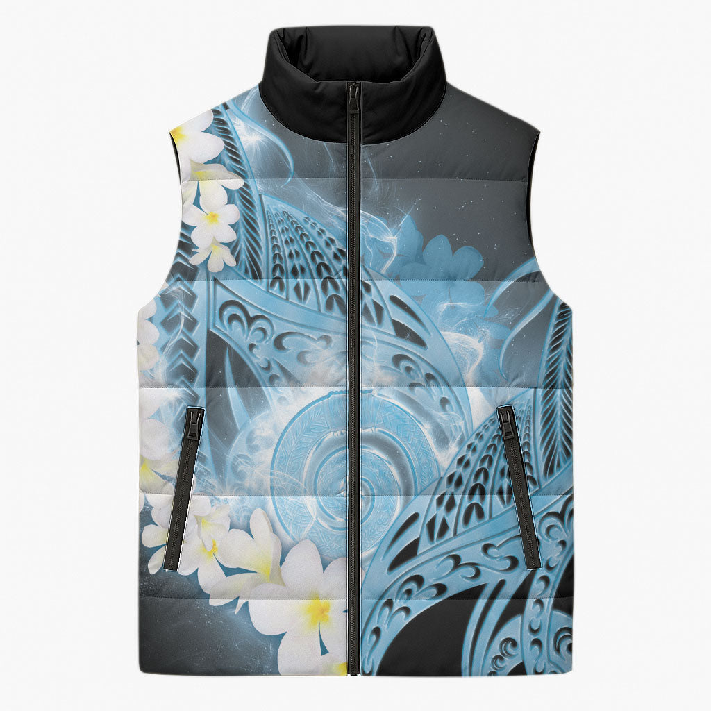 Piko Hawaiian Sleeveless Puffer Jacket Blue Galaxy Spiral Plumeria Tribal Patterns