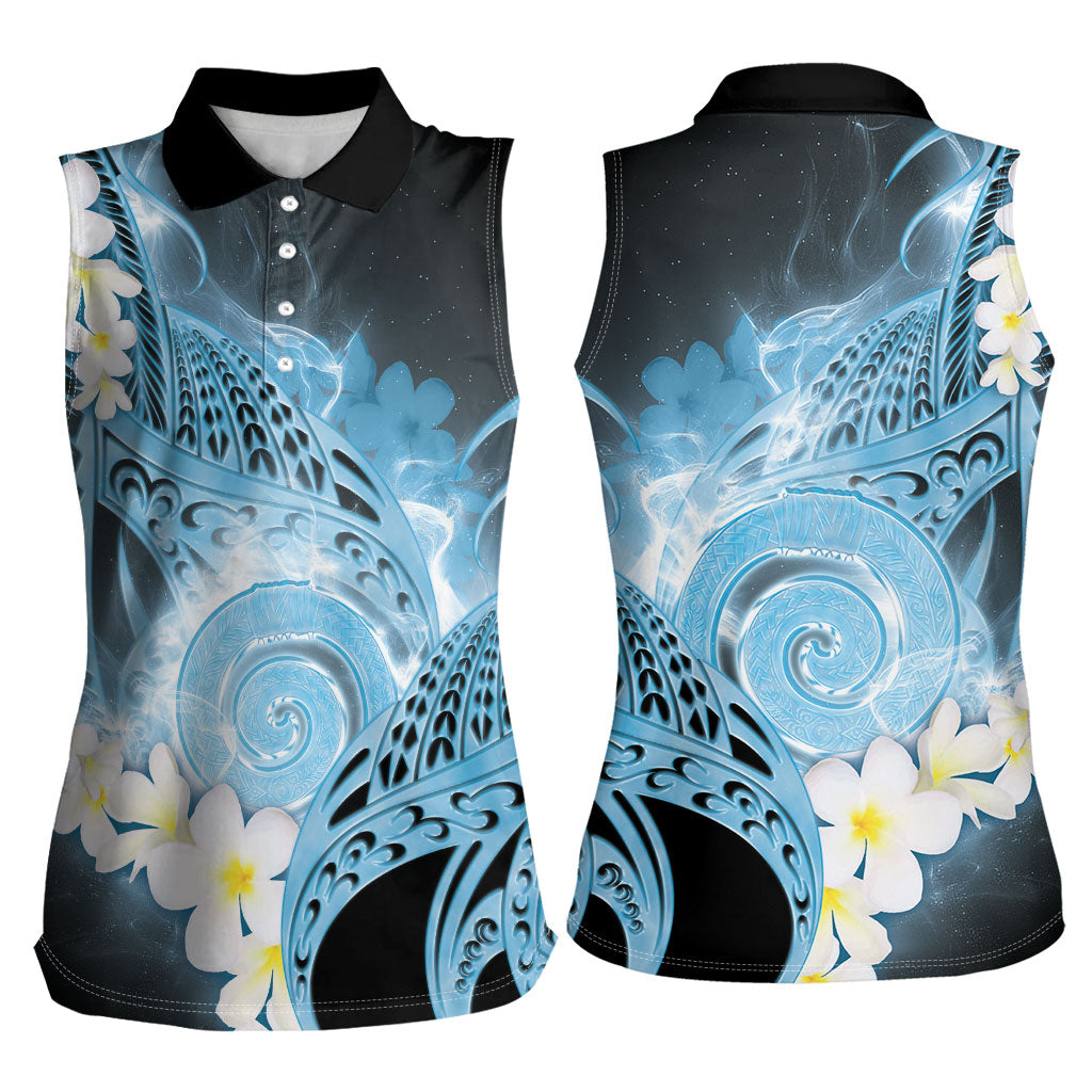 Piko Hawaiian Women Sleeveless Polo Shirt Blue Galaxy Spiral Plumeria Tribal Patterns