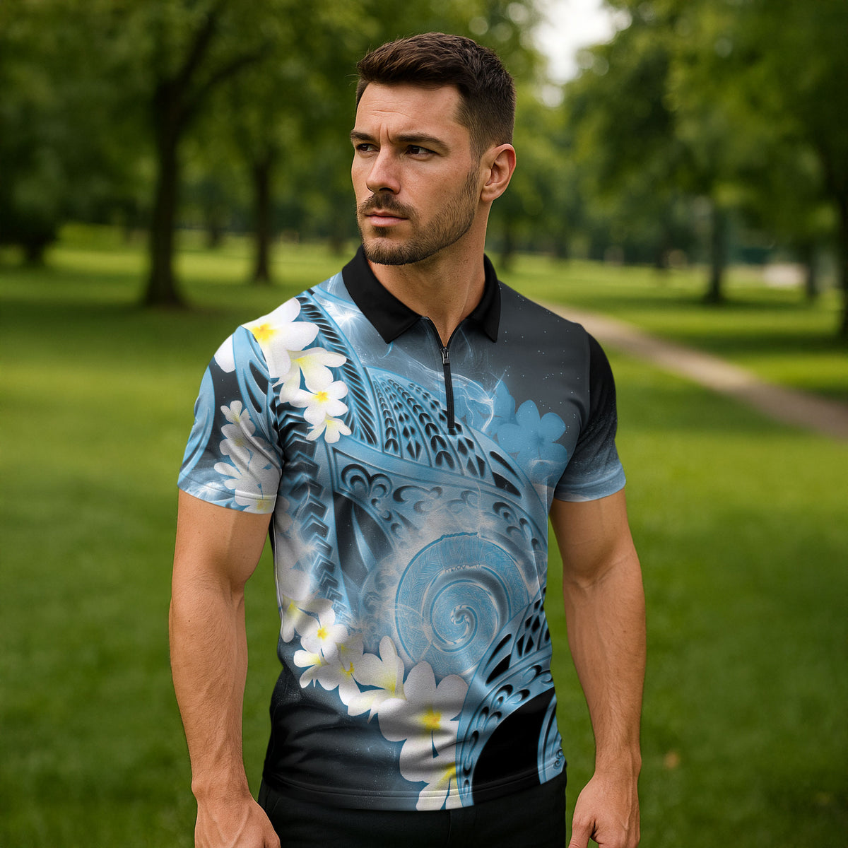 Piko Hawaiian Zipper Polo Shirt Blue Galaxy Spiral Plumeria Tribal Patterns