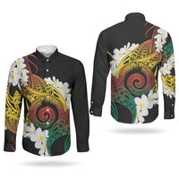 Piko Hawaiian Couples Matching Long Sleeve Bodycon Dress and Long Sleeve Button Shirt Gradient Spiral Plumeria Tribal Patterns