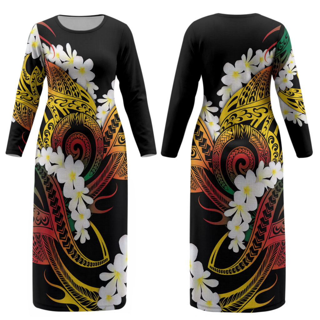 Piko Hawaiian Couples Matching Long Sleeve Bodycon Dress and Long Sleeve Button Shirt Gradient Spiral Plumeria Tribal Patterns