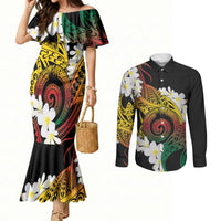 Piko Hawaiian Couples Matching Mermaid Dress and Long Sleeve Button Shirt Gradient Spiral Plumeria Tribal Patterns