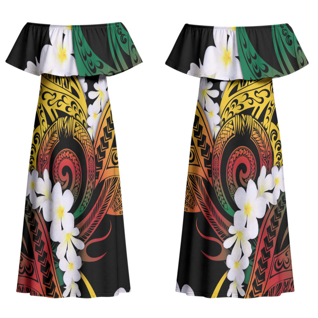 Piko Hawaiian Couples Matching Off Shoulder Maxi Dress and Long Sleeve Button Shirt Gradient Spiral Plumeria Tribal Patterns