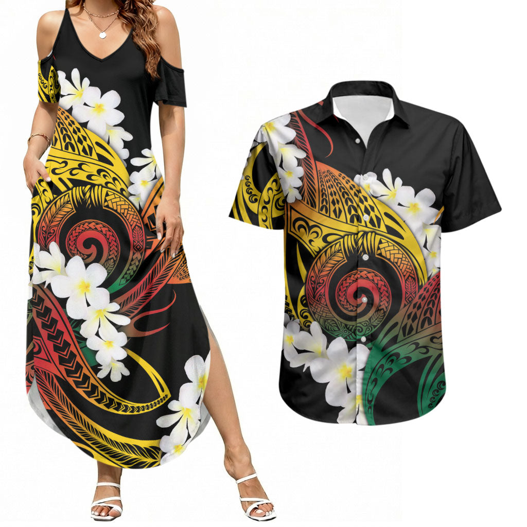Piko Hawaiian Couples Matching Summer Maxi Dress and Hawaiian Shirt Gradient Spiral Plumeria Tribal Patterns DT05 Multicolor - Polynesian Pride