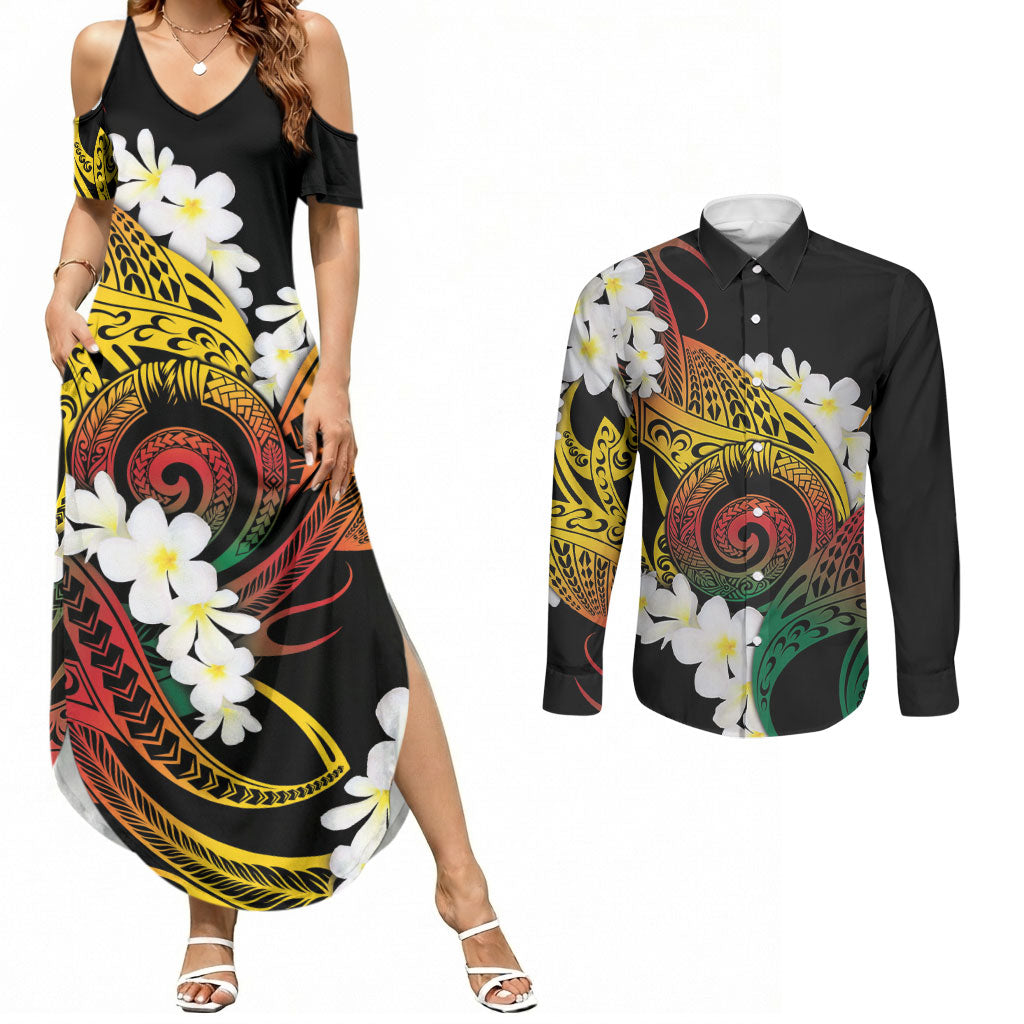 Piko Hawaiian Couples Matching Summer Maxi Dress and Long Sleeve Button Shirt Gradient Spiral Plumeria Tribal Patterns