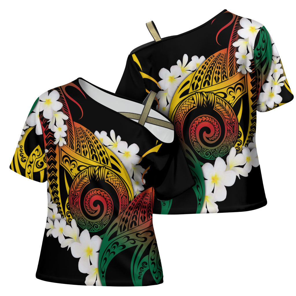 Piko Hawaiian Cross Shoulder Shirt Gradient Spiral Plumeria Tribal Patterns